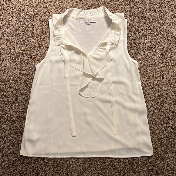 LOFT ruffle tie neck mixed media shell - Picture 2 of 4